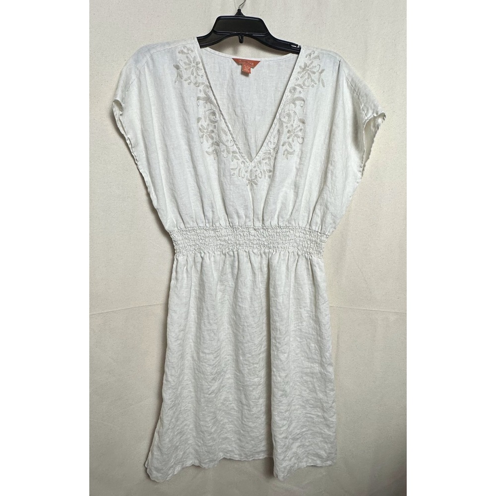 Tommy Bahama Mini Dress XL Embroidered Linen VNeck Smocked Tan Resort Beach READ